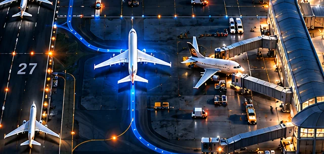 Aerial view of a sample airport apron at night