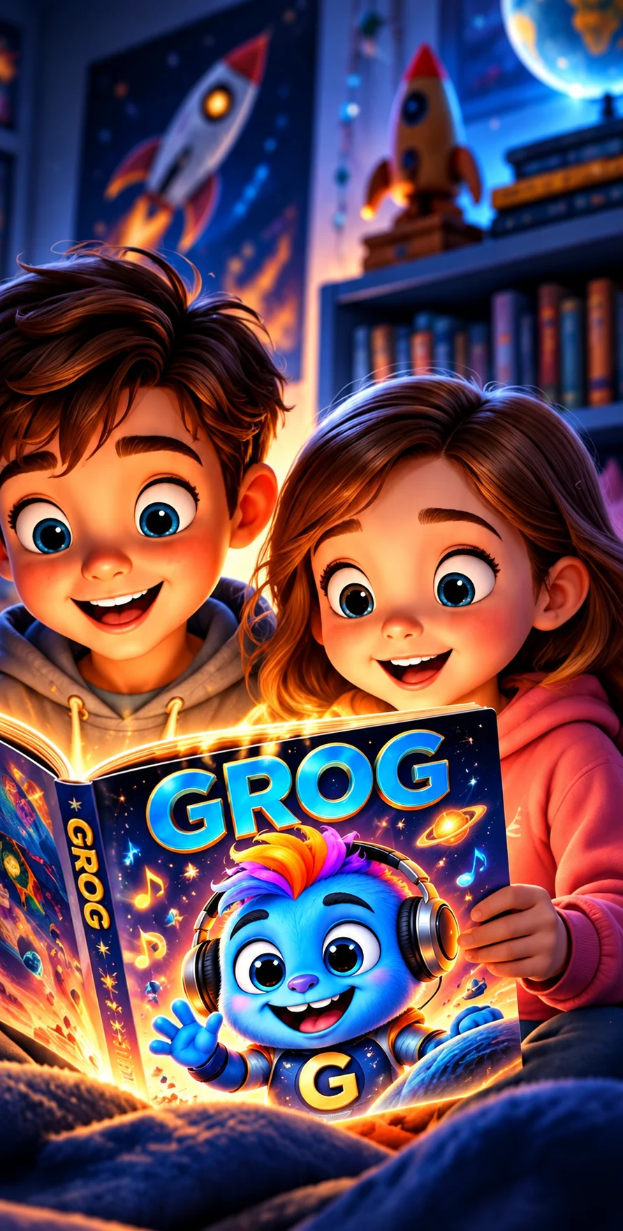 Two children reading a GROG magazine
