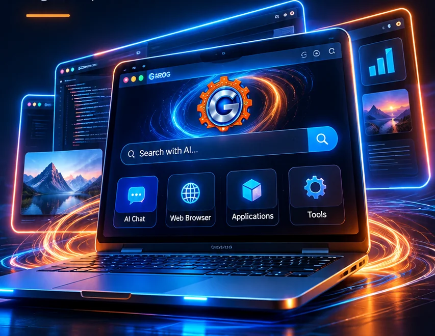 A laptop running the GROG browser with AI search